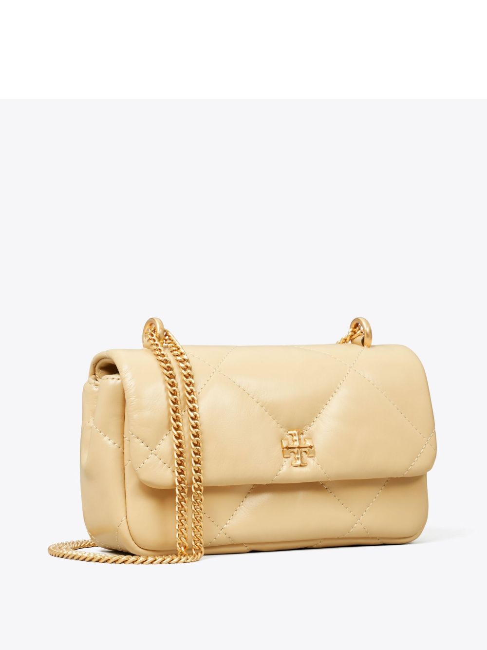 Мини чанта Tory Burch Kira с капак и трапецовиден капитониран детал