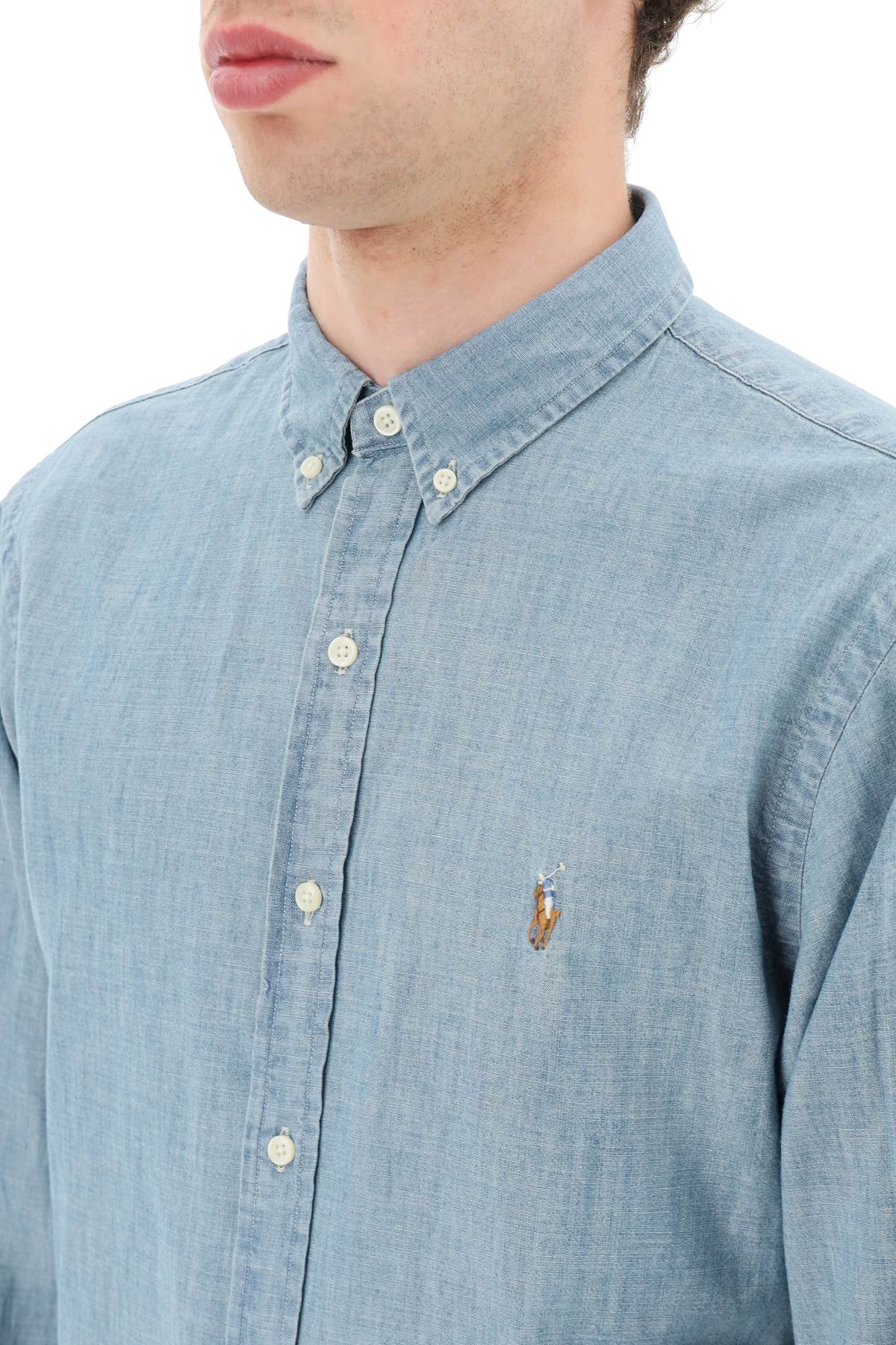 Риза Polo Ralph Lauren slim fit от шамбре с ефект на измиване на камък