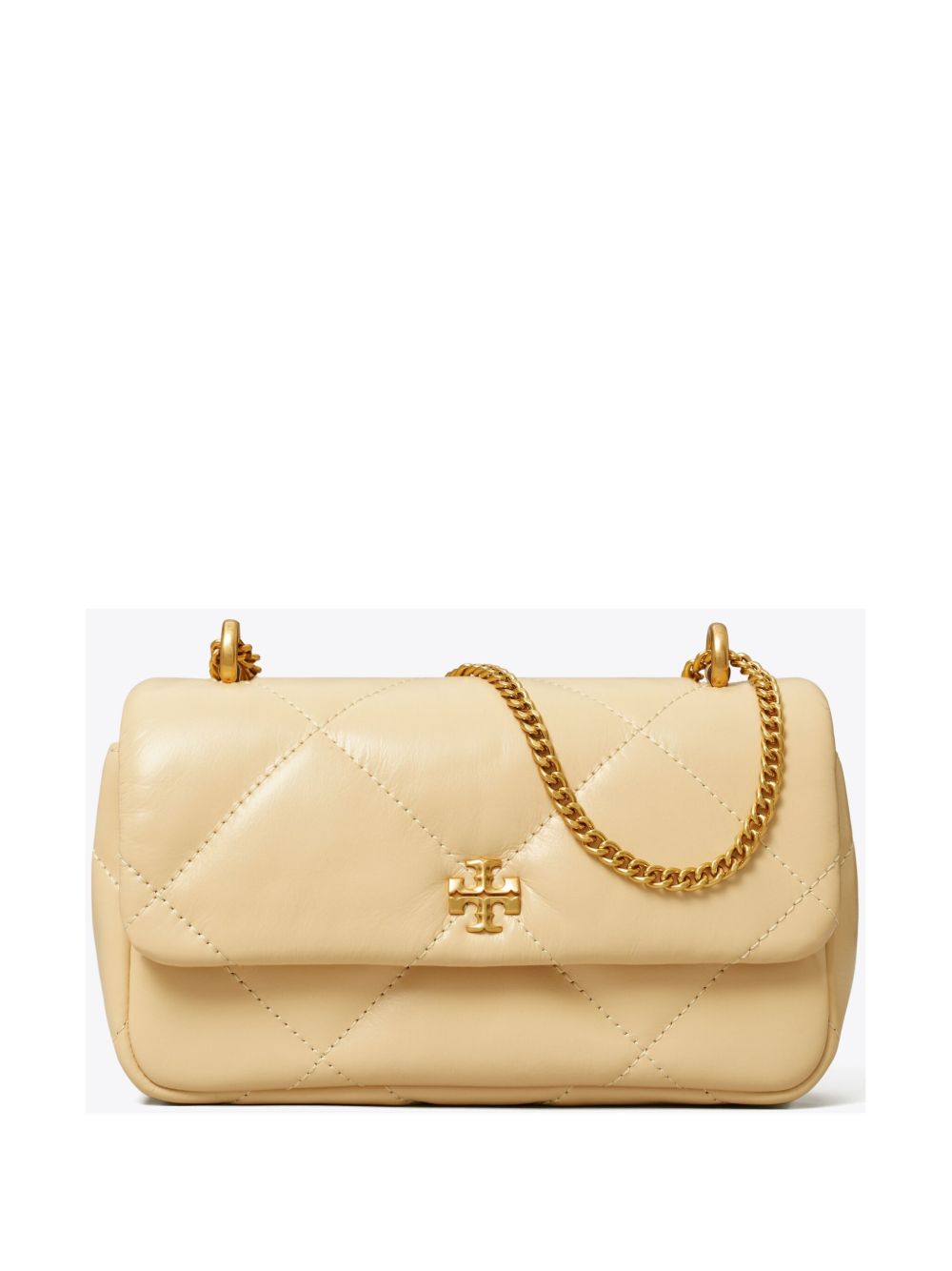 Мини чанта Tory Burch Kira с капак и трапецовиден капитониран детал
