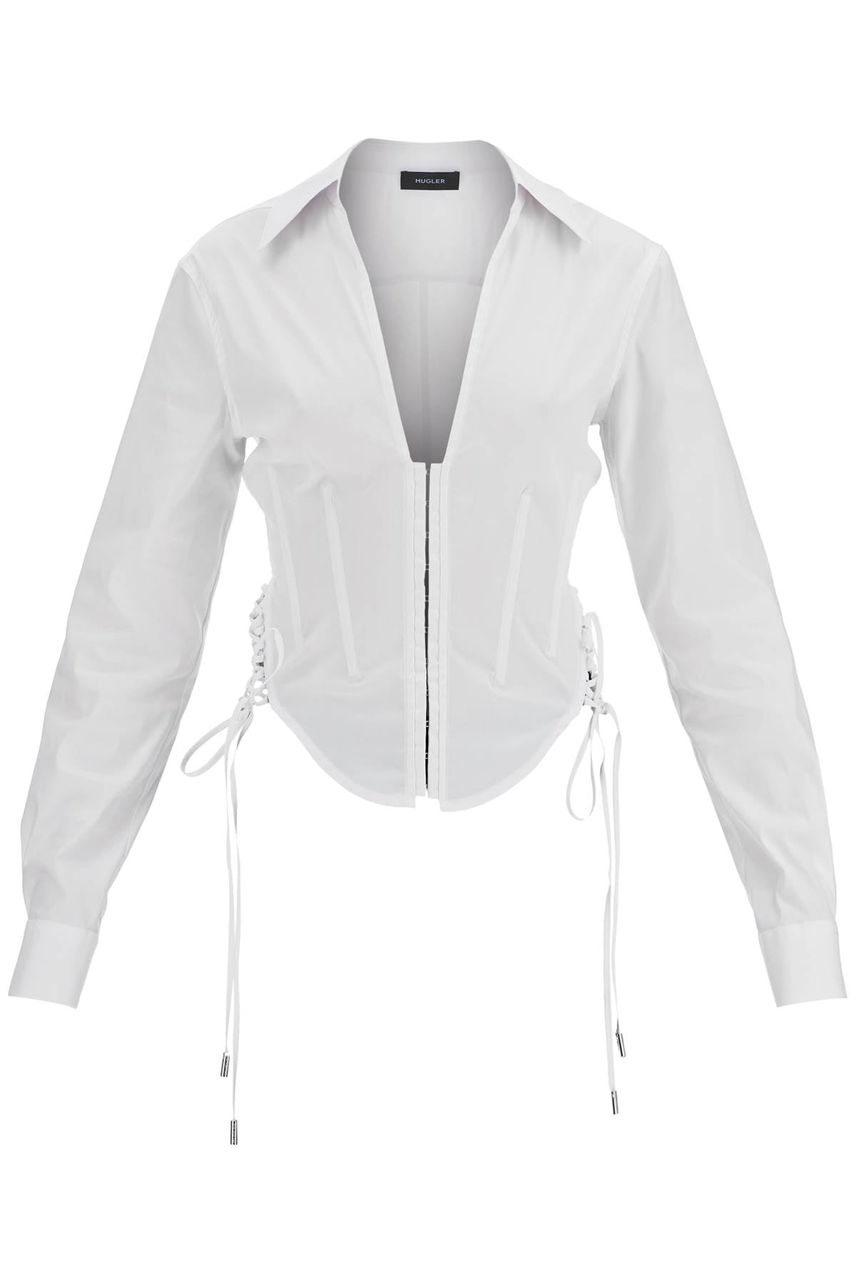 Бяла риза от органичен памук с V-образно деколте Mugler slim fit
