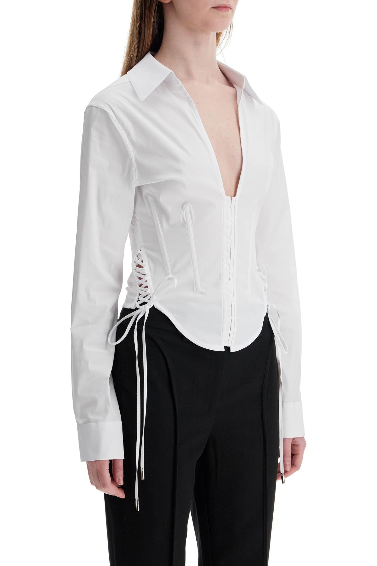 Бяла риза от органичен памук с V-образно деколте Mugler slim fit
