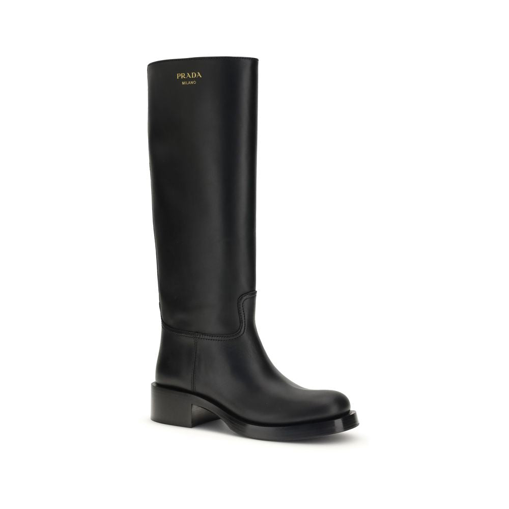Prada Black Calf Leather Bos Taurus High Heel Boots