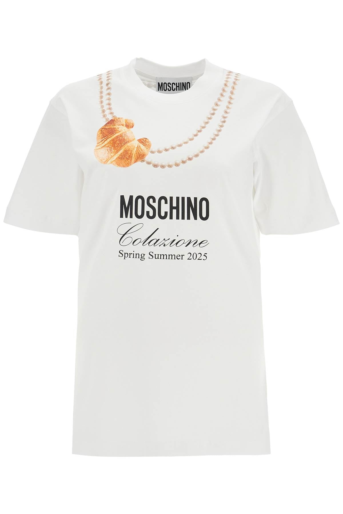 Бяла памучна тениска Moschino с щампа на кроасан и перли