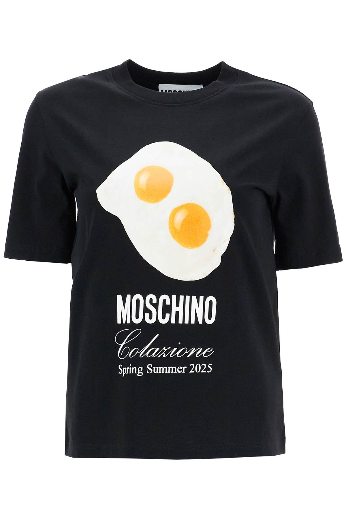 Черна памучна тениска Moschino с щампа на пържено яйце