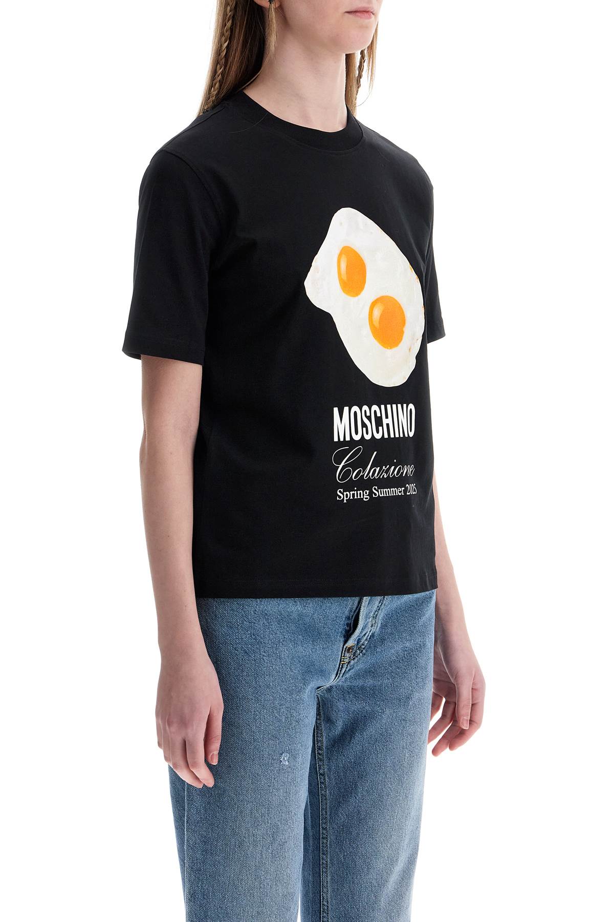 Черна памучна тениска Moschino с щампа на пържено яйце